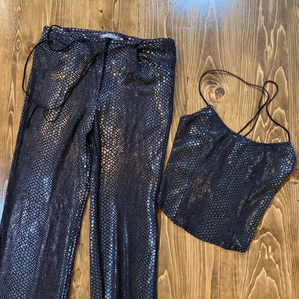 Vintage Y2K Bisou Bisou Snakeskin Matching Set Co-ord with Flared Pants Lace Up